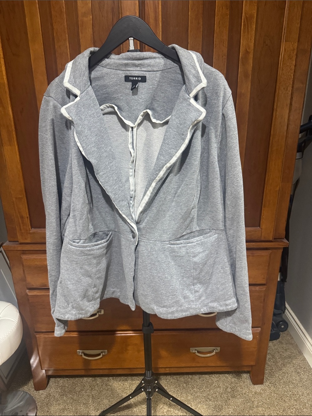 torrid Light Gray Knit Blazer with White Trim